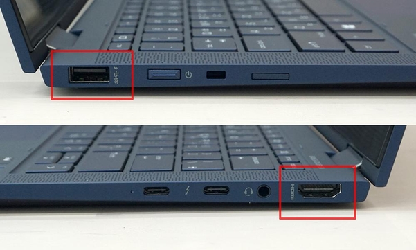 1㎏ 안팎의 얇고 가벼운 노트북이지만, 타입A USB 포트와 일반 크기의 HDMI 출력 포트를 제공한다. / 최용석 기자