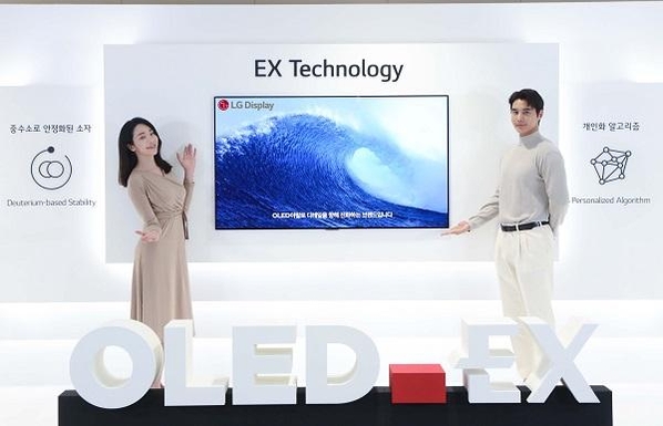 LG디스플레이 모델이 차세대 TV 패널 'OLED.EX'를 소개하고 있다 / LG디스플레이