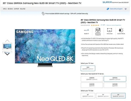 삼성전자 미국 홈페이지에서 50% 할인된 가격에 판매 중인 2021년형 85인치 네오 QLED 8K(QN900A) TV / 삼성전자