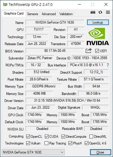 조텍 GTX1630의 GPU-Z 데이터 / IT조선 DB
