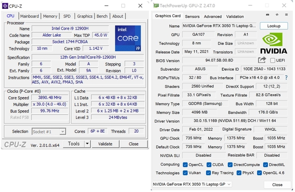 (왼쪽부터)프로세서 사양을 확인하는 CPU-Z, GPU-Z 결과 / IT조선 DB