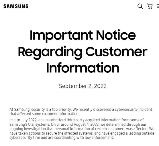 삼성전자 미국 법인은 2일(현지시각) 홈페이지를 통해 고객의 개인정보 유출과 관련해 안내했다. / 삼성전자