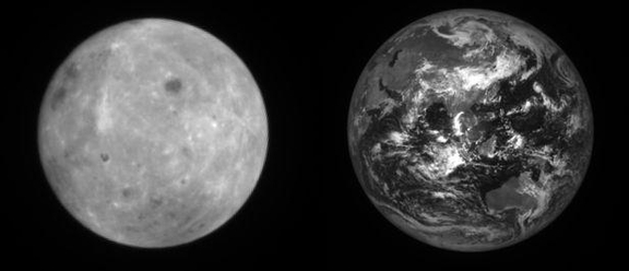 다누리가 8월 30일 촬영한 달(왼쪽)과 지구(오른쪽)의 사진 / 과기부·한국항공우주연구원