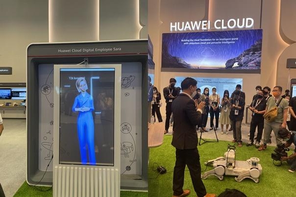 화웨이의 AI 가상인간 ‘세라’(왼쪽)와 사족보행 로봇. / 박혜원 기자