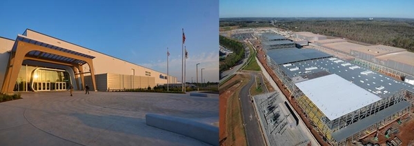 LG에너지솔루션과 GM의 합작사 ‘얼티엄셀즈’의 미국 오하이오주 공장 모습(왼쪽)과 SK온이 미국 조지아주에 건설 중인 배터리 공장. / 각 사