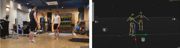 연기자를 통해 동작 모션 캡쳐 데이터를 확보하는 모습(왼쪽)과 디타스의 3D모션캡쳐 데이터 구축 화면의 모습. / 디타스