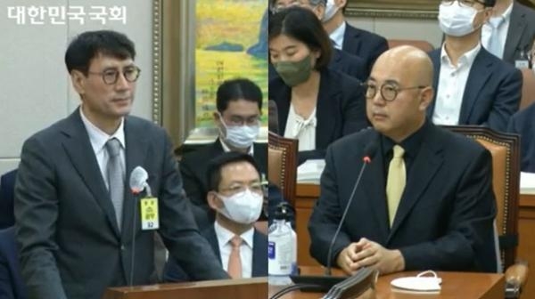 홍은택 카카오 대표(왼쪽)와 남궁훈 카카오 대표가 국회 정무위원회 국정감사에 증인으로 출석해 답변하고 있다. / 국회방송 갈무리