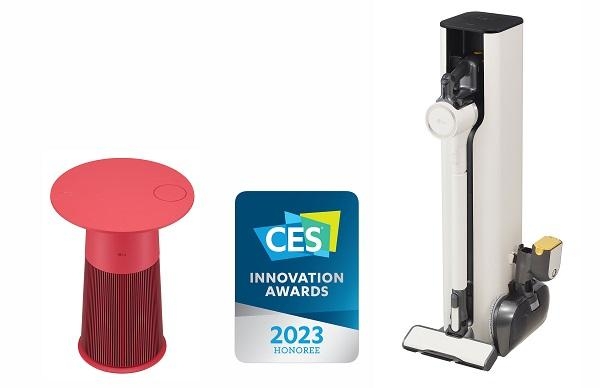 'CES 2023 혁신상'을 수상한 신개념 테이블형 공기청정기 'LG 퓨리케어 에어로퍼니처'와 프리미엄 무선청소기의 대명사 'LG 코드제로 A9S' / LG전자
