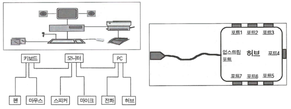 (왼쪽) USB와 주변기기 연결과 (오른쪽)USB에 연결될 수 있는 허브의 형태 / IT조선 DB