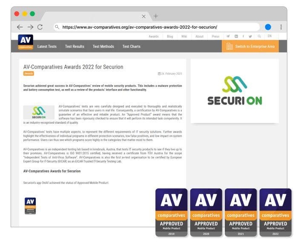 시큐리온은 ‘온AV’로 ‘AV컴패러티브 어워즈(AV-Comparatives Awards) 2022’ 수상 명단에 올랐다고 15일 밝혔다. / 시큐리온
