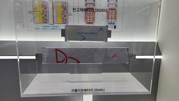 SK온 전고체 배터리 모형(위)과 리튬이온 배터리 / 이광영 기자
