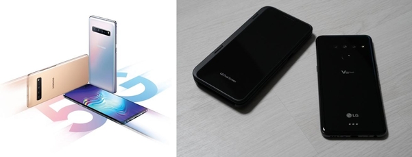 삼성전자 ‘갤럭시 S10 5G’(왼쪽)와 LG전자 ‘V50 ThinQ 5G’ 모델/ 각 사 홈페이지