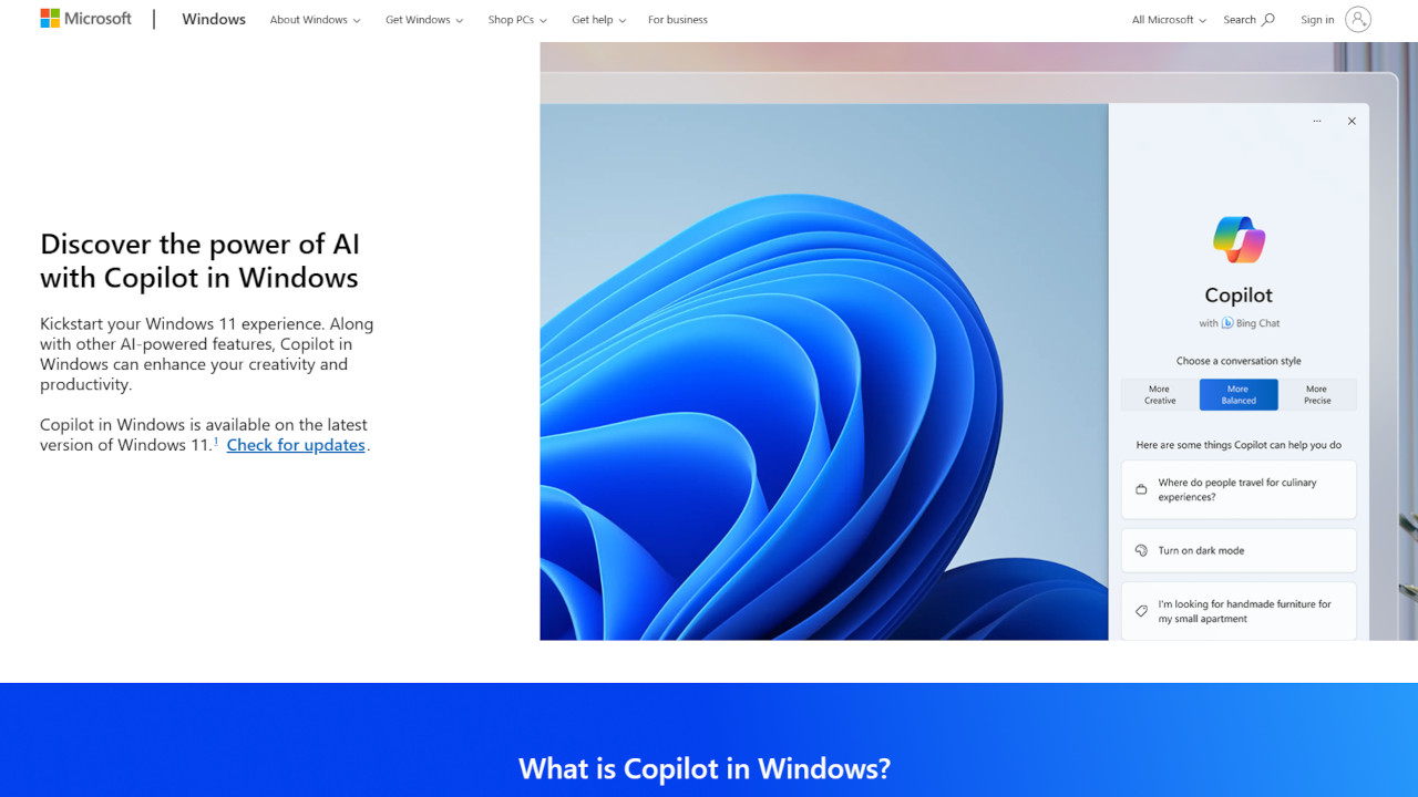마이크로소프트는 윈도11에서 ‘코파일럿’ 서비스를 제공하기 시작했다. / 마이크로소프트 홈페이지 갈무리