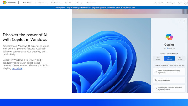 코파일럿이 최신 윈도의 핵심 인터페이스 요소로 통합됐다. / 마이크로소프트 홈페이지 갈무리