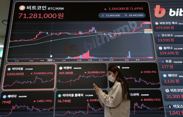 가상화폐 대장주 비트코인이 2년여 만에 5만 2천달러 선을 돌파한 15일 오전 서울 서초구 빗썸 고객지원센터. / 사진 = 뉴스1