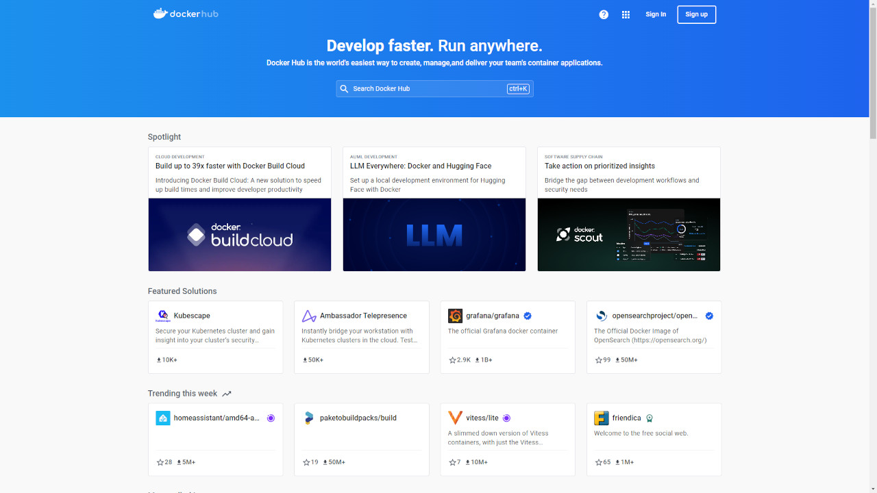 도커 컨테이너 이미지들을 쉽게 찾을 수 있는 ‘도커 허브’ / 도커 허브 홈페이지 갈무리