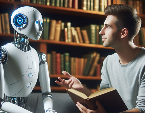 윈도우 코파일럿으로 생성한 이미지로 프롬프트에 "Create an image of an AI robot having a conversation with a human in a library. Make it feel real."를 입력했다. / IT조선