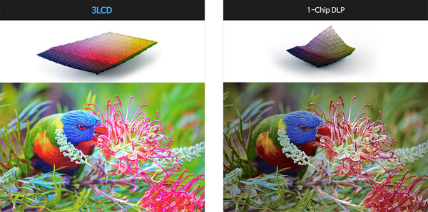3LCD 방식은 1-Chip DLP 방식 대비 3배 넓은 색 영역을 보여준다. / 엡손