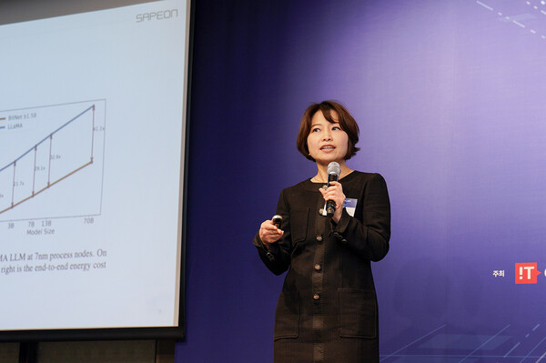 류수정 사피온 대표가 27일 서울 웨스틴조선 호텔에서 열린 ‘AI&CLOUD 2024’ 콘퍼런스에서 기조연설을 하고 있다. / IT조선 DB