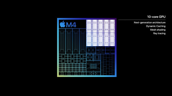 M4 SoC의 GPU는 기존 M2 대비 최대 4배 성능을 제공한다. / 애플 이벤트 영상 갈무리