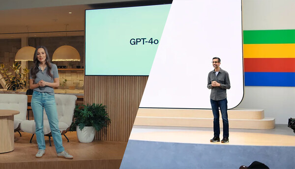(왼쪽) GPT-4o를 발표하고 있는 오픈AI CTO 미라 무라티(Mira Murati), (오른쪽) 구글 I/O 2024에서 발표하고 있는 구글 CEO 순다르 피차이(Sundar Pichai) / 오픈AI, 구글