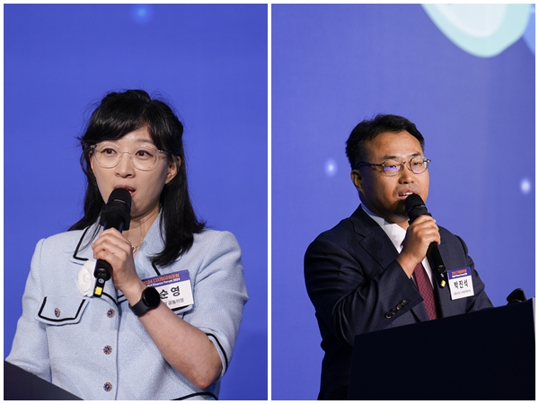 오순영 AI 미래포럼 공동의장(왼쪽)과 박진석 금융보안원 디지털전략본부장이 19일 IT조선 주최로 서울 여의도 한국경제인협회 FKI타워 컨퍼런스센터에서 열린 '2024 디지털금융포럼'에서 발표하고 있다. / IT조선