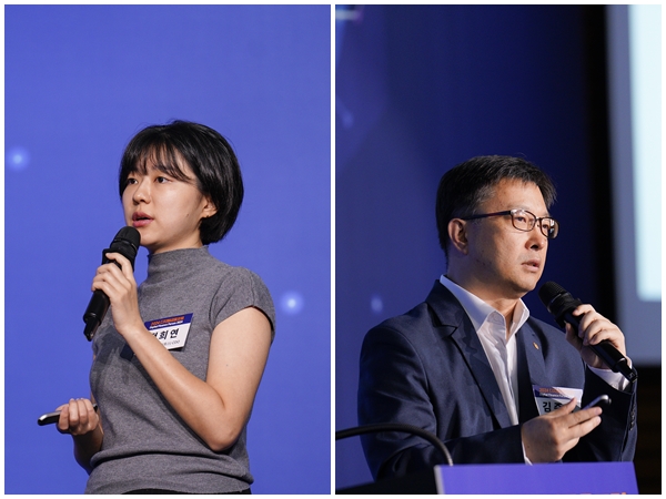 정희연 비바리퍼블리카 최고디자인책임자(CDO, 왼쪽)와 김준석 한화생명 AI 실장이 19일 IT조선 주최로 서울 여의도 한국경제인협회 FKI타워 컨퍼런스센터에서 열린 '2024 디지털금융포럼'에서 발표하고 있다. / IT조선