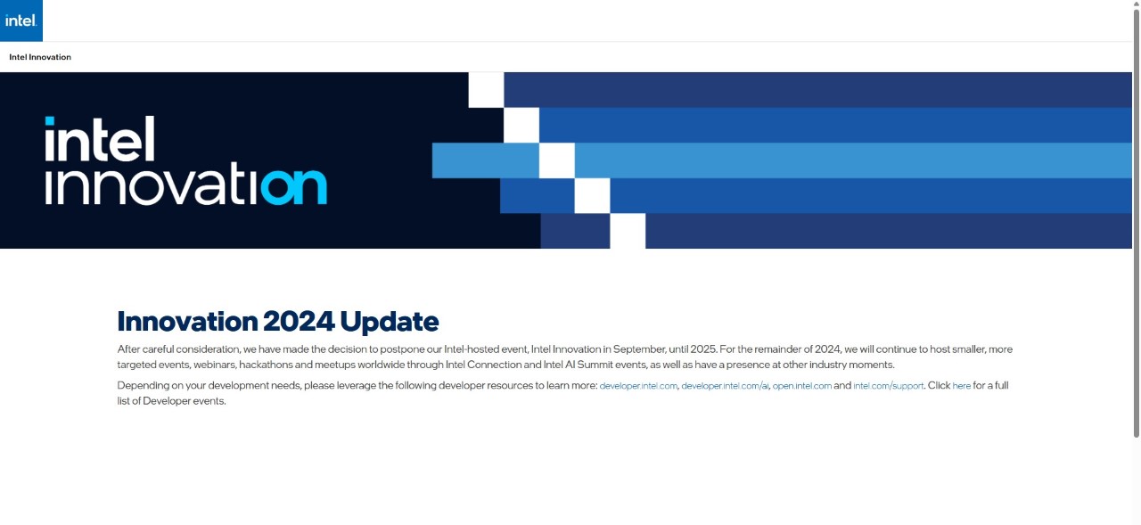 인텔이 9월 개최 예정이던 '인텔 이노베이션 2024'의 연기를 결정했다. / 인텔 홈페이지 갈무리