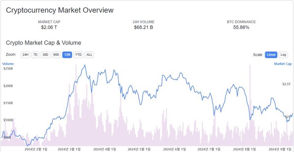 올 들어 최근까지 가상자산 거래량(분홍색 막대 그래프)과 시가총액(선 그래프) 추이 / 라이브코인와치