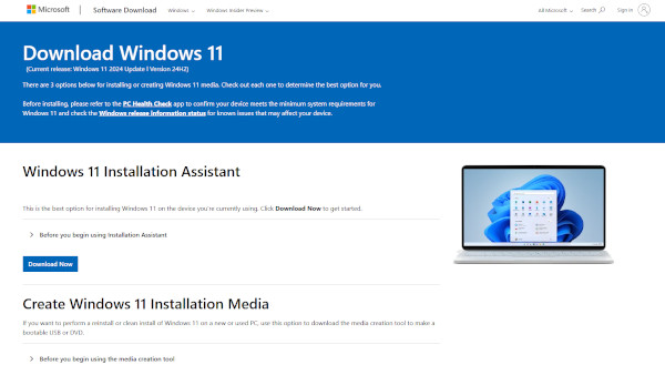마이크로소프트의 윈도11 다운로드 페이지도 24H2로 업데이트 됐다. / 마이크로소프트 홈페이지 갈무리