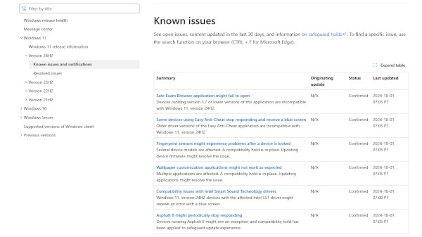 윈도11 24H2의 현재 알려진 문제 목록 / 마이크로소프트 홈페이지 갈무리