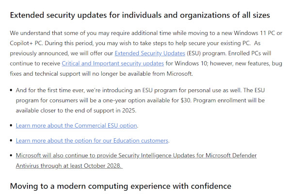 마이크로소프트의 윈도10 연장지원 관련 주요 내용 요약 / 마이크로소프트 블로그 갈무리