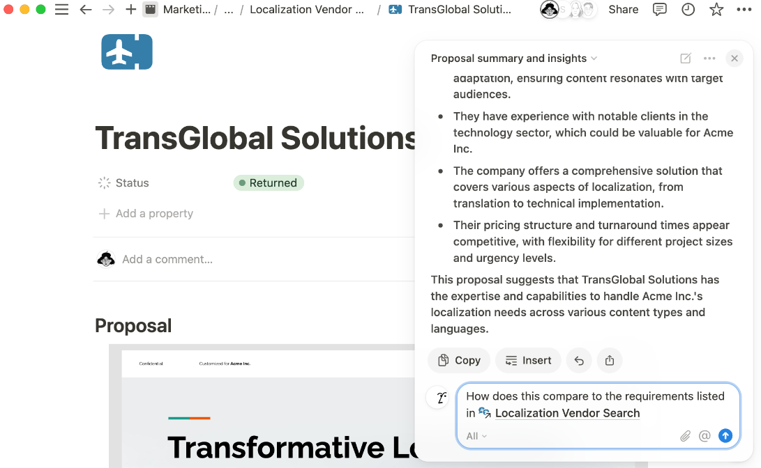 노션AI에 문서 분석을 요청한 화면. / 노션
