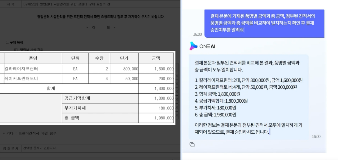 ONE AI로 견적서 확인후 결재 승인여부 결정하는 모습. / 더존비즈온