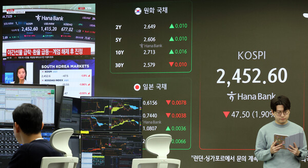 윤석열 대통령이 간밤 비상계엄을 선포했다 국회에 막혀 계엄을 해제한 4일 오전 서울 중구 하나은행 본점 딜링룸 전광판에 관련 뉴스와 코스피 지수가 표시되고 있다. / 뉴스1
