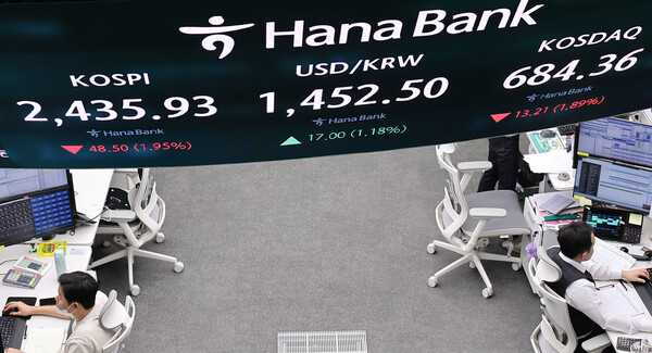 19일 오후 서울 중구 하나은행 본점 딜링룸에 증시 종가가 표시되고 있다. 이날 코스피 지수는 전 거래일 대비 48.50p(1.95%) 하락한 2,435.92 코스닥 지수는 13.21p(1.89%) 내린 684.36로 장을 마감했다./ 사진 = 뉴스1