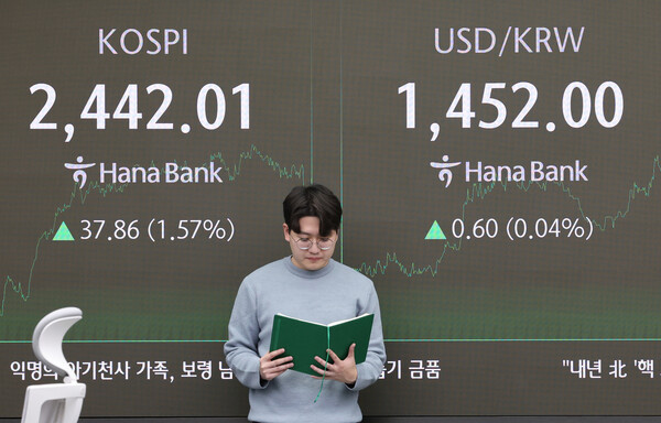 23일 오후 서울 중구 하나은행 본점 딜링룸 전광판에 코스피 지수가 표시되고 있다. 이날 코스피 지수는 전 거래일 대비 37.86포인트(1.57%) 상승한 2,442.01로, 코스닥 지수는 10.93포인트(1.64%) 상승한 679.24로 장을 마쳤다. / 사진 = 뉴스1