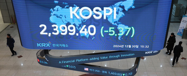 2024년 증시 폐장일인 30일 오후 서울 영등포구 여의도 한국거래소 전광판에 증시 종가가 표시되고 있다.  / 사진 = 뉴스1