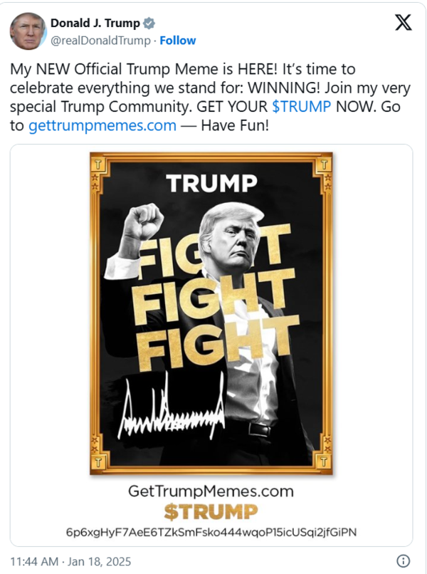 도널드 트럼프 대통령 당선인 소셜미디어 X에서 밈 코인을 $TRUMP를 홍보하고 있다. 