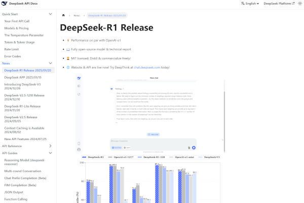 딥시크 홈페이지의 딥시크 R1 관련 문서 페이지 / 딥시크 홈페이지 갈무리