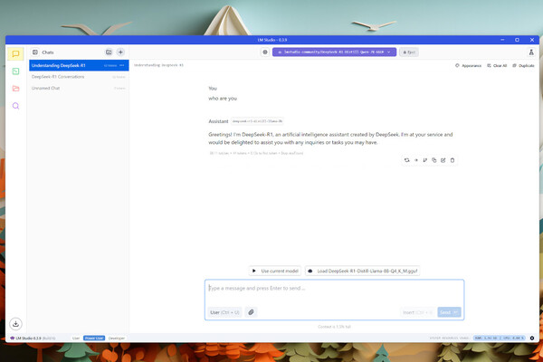 PC에서 ‘LM 스튜디오’로 ‘딥시크 R1 디스틸 라마 8B’ 모델 구동 장면 / 권용만 기자