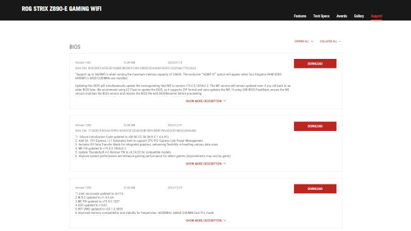 에이수스 ROG 스트릭스 Z890-E 게이밍 와이파이 메인보드의 BIOS 업데이트 내력 / 에이수스 홈페이지 갈무리