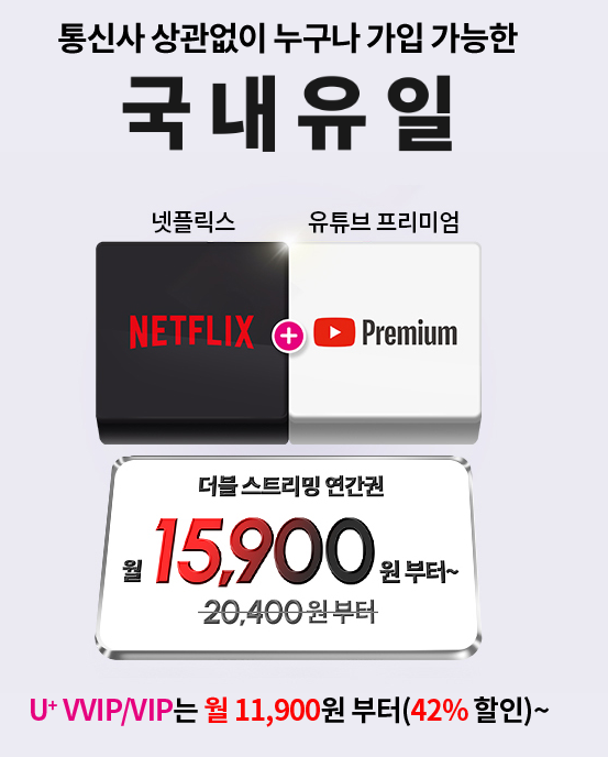 넷플릭스와 유튜브 프리미엄을 묶은 LG유플러스 더블 스트리밍 연간권 소개 이미지. / LG유플러스 홈페이지