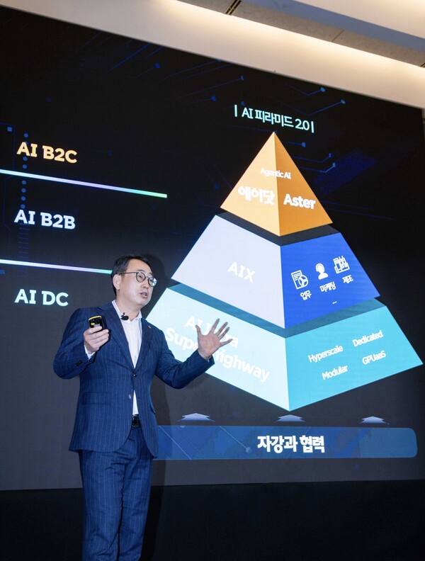 유영상 SK텔레콤 최고경영자(CEO)가 모바일 월드 콩그레스(MWC) 2025 개최지 스페인 바르셀로나에서 열린 기자간담회에서 인공지능(AI) 사업 고도화 전략을 설명하고 있다. / SK텔레콤
