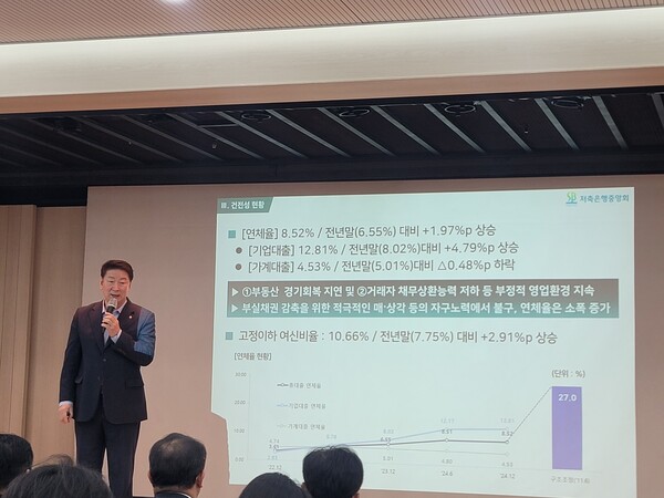 오화경 저축은행중앙회장이 21일 오전 '2024년 하반기 저축은행 결산 기자간담회'에서 설명하고 있다. /한재희 기자