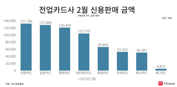 전업카드사 2월 신용판매 금액 / IT조선