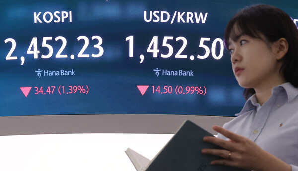 한국거래소에 따르면 코스피는 4일 10시 59분 2487.22로 전날 대비 0.02% 오르며 상승세를 이어가다가 11시 24분 다시 하락으로 전환했다. 이날 서울 중구 하나은행 본점 딜링룸에 시황이 표시되고 있다. / 뉴스1