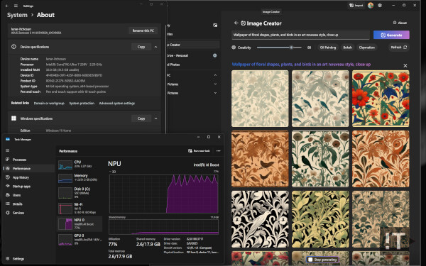 인텔 코어 울트라 7 258V 탑재 '에이수스 젠북 S 14'서 '사진'앱으로 '이미지 생성' 구동 장면 / 권용만 기자
