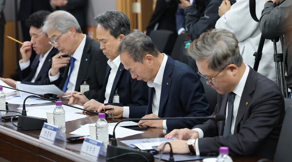 금융지주 회장이 7일 오전 서울 종로구 정부서울청사에서 열린 금융상황 점검회의에 참석해 자리하고 있다. 왼쪽부터 함영주 하나금융그룹 회장, 임종룡 우리금융그룹 회장, 진옥동 신함금융그룹 회장, 양종희 KB금융그룹 회장, 강석훈 한국산업은행 회장./뉴스1 