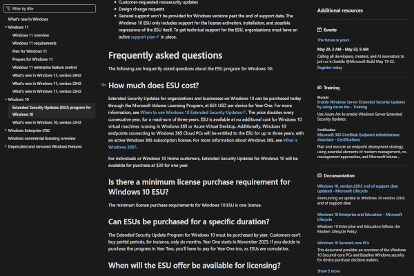 윈도10의 ‘확장 보안 업데이트’ 서비스는 매년 비용이 두 배씩 늘어난다. / 마이크로소프트 홈페이지 갈무리